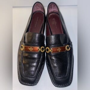 Tory Burch Perrine Black Pebbled Leather Gold Logo Chain Loafers
